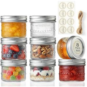8 Pack Small Glass Jars with Lids - 4oz Vintage Embossed Mini Mason Jars ,Regular Mouth Mason Canning Jar with Seal Bands for Jam, Honey, Jelly, Dessert, Spice, Wedding Favors, DIY Candles Decor
