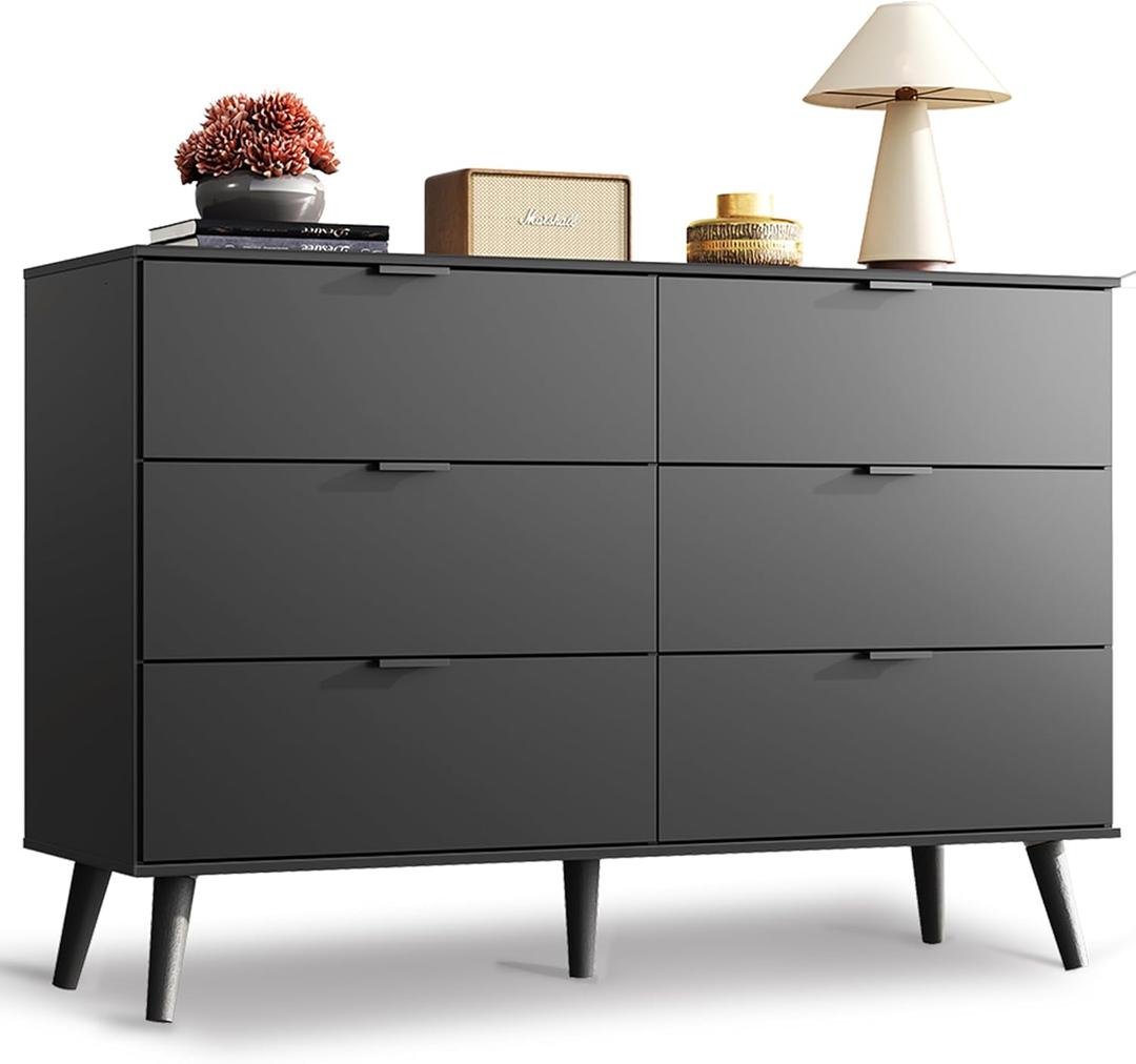 WLIVE Black Dresser for Bedroom, 47.24'' Wide 6 Drawer Wood Dresser Storage Organizer with Sturdy Metal Handle, TV Stand for 55 inch TV, Chest of Drawers for Living Room, Hallway, Closet