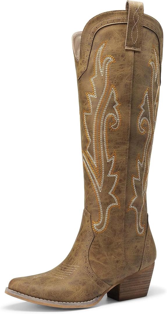 DREAM PAIRS Women's Embroidered Western Pull-On Knee-High Cowboy Boots (XXL)