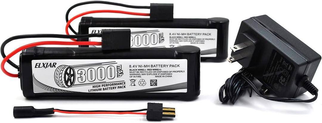 (2-Pack) 8.4V 3000mAh Ni-MH Battery with TRX Plug and Charger Replacement for RC Car Truck Boat Buggy Tamiya Traxxas Kyosho HPI LOSI