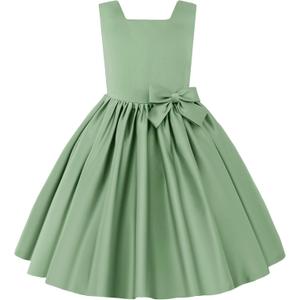 Uhnice Flower Girl Satin Dress Sleeveless Dresses with Detachable Bow for Wedding Party (5-6 Years, Green)