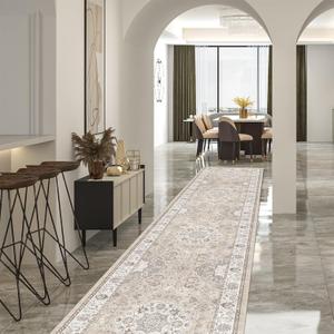 Hallway Washable Runner Rug - 2'6x14 Kitchen Rugs Entryway Rug Runner Vintage Soft Floor Mat Non Slip Indoor Farmhouse Carpet for Bathroom Living Room Bedroom (2'6''x14', Beige)