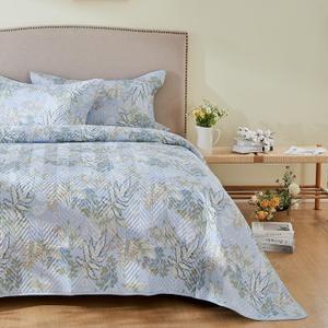 kingrest Luxury Floral Print 100% Organic Cotton Quilt Set Twin Size, Oversized Bedspread Coverlet Quilted Bedding Set, with 2 Matching Pillowcases, for All Season - Blue Leaves (Twin, Blue Leaves)