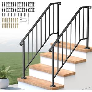 Outdoor Handrails for Steps, Stair Railing Kit for Concrete & Porch Steps, Adjustable Black Iron Hand Rail for Seniors, Easy Installation, Retro Arch Design (2 Pack-4 Steps)
