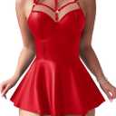 Sexy Strappy Leather Underwire Choker Garter Belt Mini Lingerie Set Dress with Thong 3 Piece (XX-Large, Red)