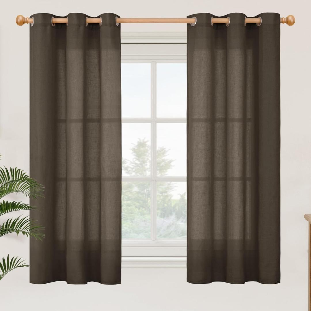 YoungsTex Dark Brown Linen Semi Sheer Curtains 45 Inches Length for Kitchen, Light Filtering Drapes with Grommet Privacy for Short Window Living Room, 2 Panels, 42 X 45 Inch