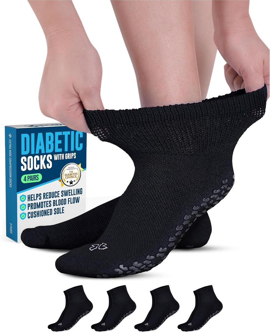 Doctor's Select Diabetic Ankle Socks with Grippers for Men and Women - 4 Pair 1/4 Length Neuropathy Socks for Women (Large)