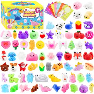Zefy 80 Pcs Mochi Squishy Toys with Cards, Squishy Fidget Toys Valentine Party Favors for Kids 4-12, Classroom Prizes Treasure Box for Pinata Stuffers Goodie Bags Easter Basket Birthday Gifts