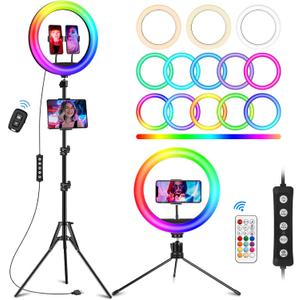 STALLY 12.3" Ring Light with Stand 75" Tall and 2 Phone Holder, Ring Light Tripod for iPhone with 3 CCT Mode & 29 Color Modes, Remote Shutter, Desk Tripod, Great for Live Stream/Makeup/YouTube/TikTok