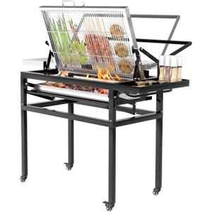 BBQ Charcoal Grill with Cart, Heavy Duty Square Outdoor Detachable Portable Grill, 360 Rotating Cooking Grid Stand-up Grills with Wheels for Camping Garden Commercial Barbeque