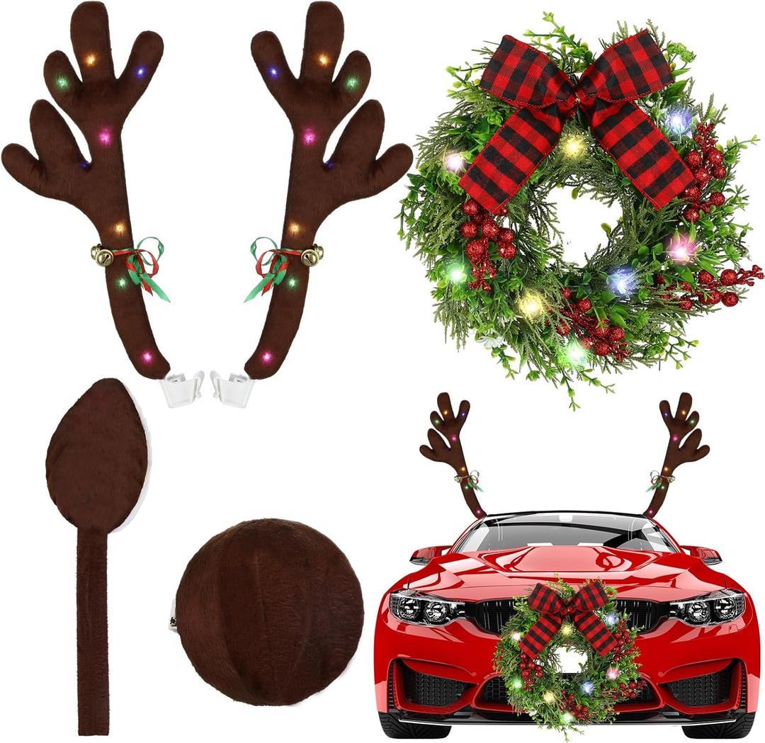 Yunlly 13 Inch Christmas Car Wreath Reindeer Antlers Kit with LED Lights, Glowing LED Car Reindeer Antlers with Bells and Nose Xmas Wreath Bow Decor(Pine and Cypress)