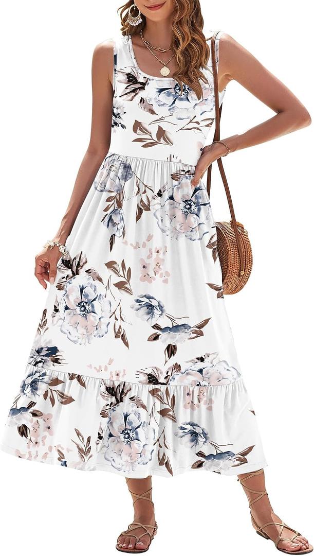 AUSELILY Womens Summer Dresses Floral Sleeveless Tiered Maxi Dress Pockets | Square neckline balances the tiered shape, Wedding guest dress for receptions, Style with sandals (S)