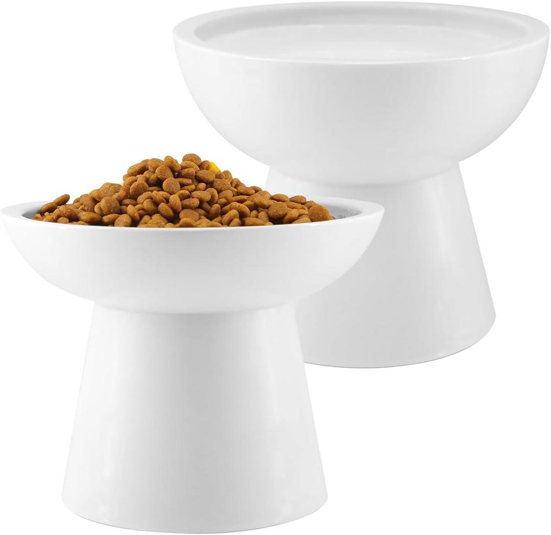 LoeJan Elevated Cat Food and Water Bowls Set, Extra Wide and Raised Ceramic Cat Feeder, Anti-Vomit Whisker-Free Pressure Cat Feeding Bowl for Kittens Adult Cats Small Dogs (White, Bowl Set) (2 Pack)