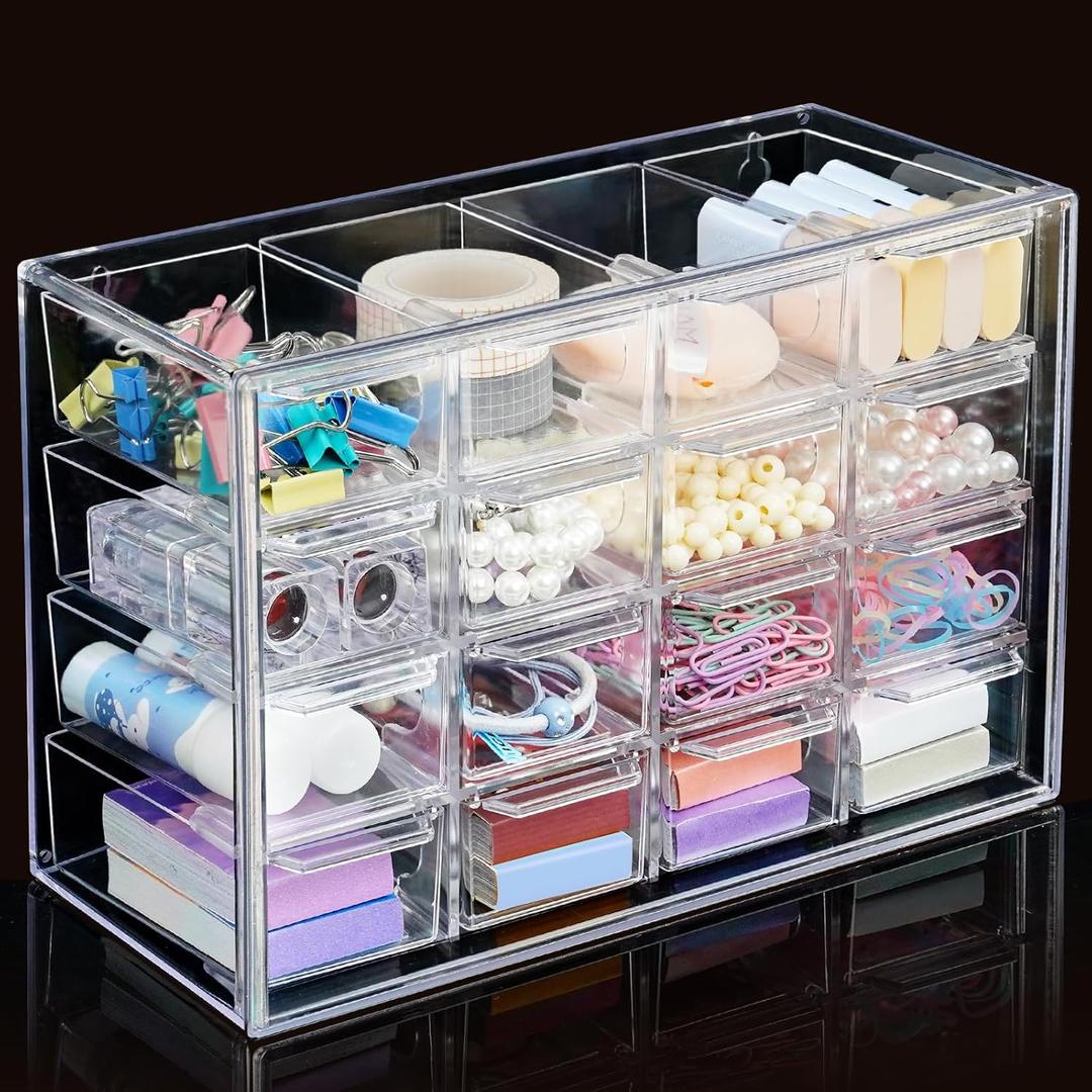 Desk Storage Organizer with 16 Mini Drawers, FODIENS Stackable Desktop Craft Drawer Cabinet, Clear Storage Box Caddy for Makeup Jewelry Office Craft Supplies