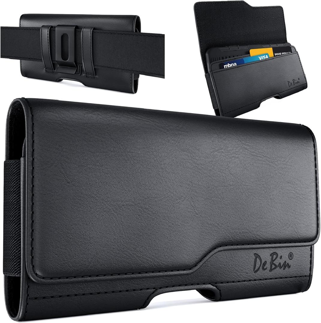 DeBin Cell Phone Belt Case Compatible with Samsung Galaxy Ultra Models (S25 S24 S23 S22 S21), A54/A53/A25/A15, Premium Leather, Magnetic Flap Holster & ID Card Pouch Holder, Black