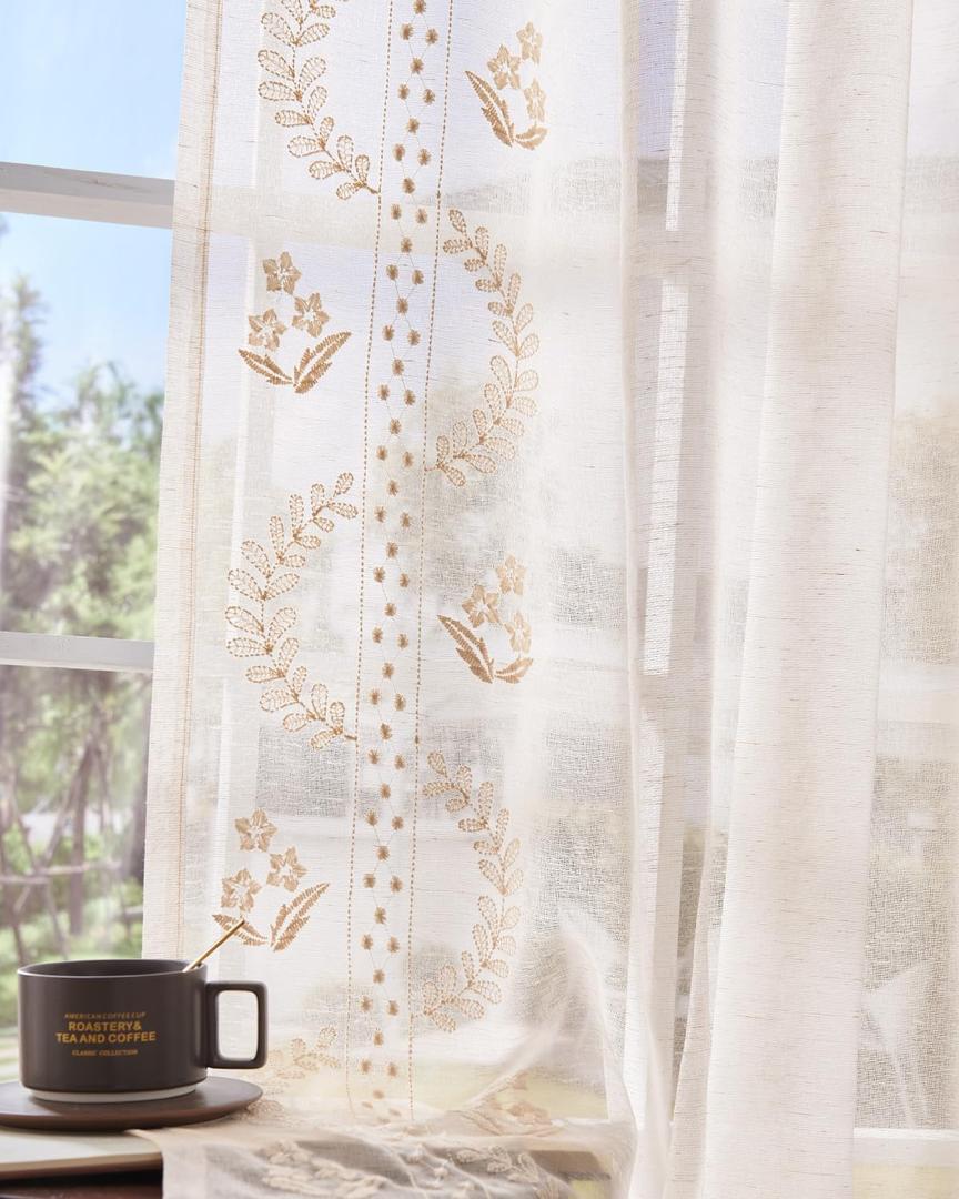 jinchan Linen Sheer Curtains for Living Room 96 Inch Length Sheer Voile Embroidered Spring Floral Curtains for Bedroom Light Filtering Rod Pocket Window Treatments Farmhouse Decor 2 Panels Beige (50"W x 96"L (Pack of 2), *Voile Beige)
