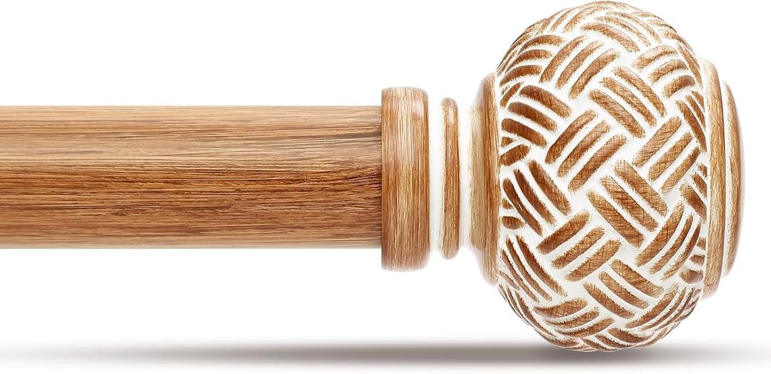 Boho Curtain Rods for Windows 48 to 84 Inches, Decorative 1'' Diameter Heavy Duty Adjustable Rustic Farmhouse Drapery Pole with Imitation Wood Grain Finials, Size: 30''-88''
