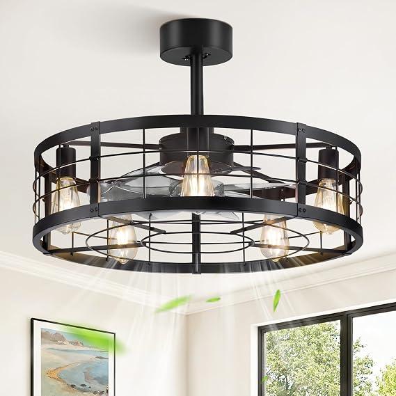Lediary 26 inch fandelier cage ceiling fan with light and remote black six speed adjustable timing quiet and powerful DC, large, farmhouse, industrial, enclosed, bladless, bedroom, kitchen, downrod
