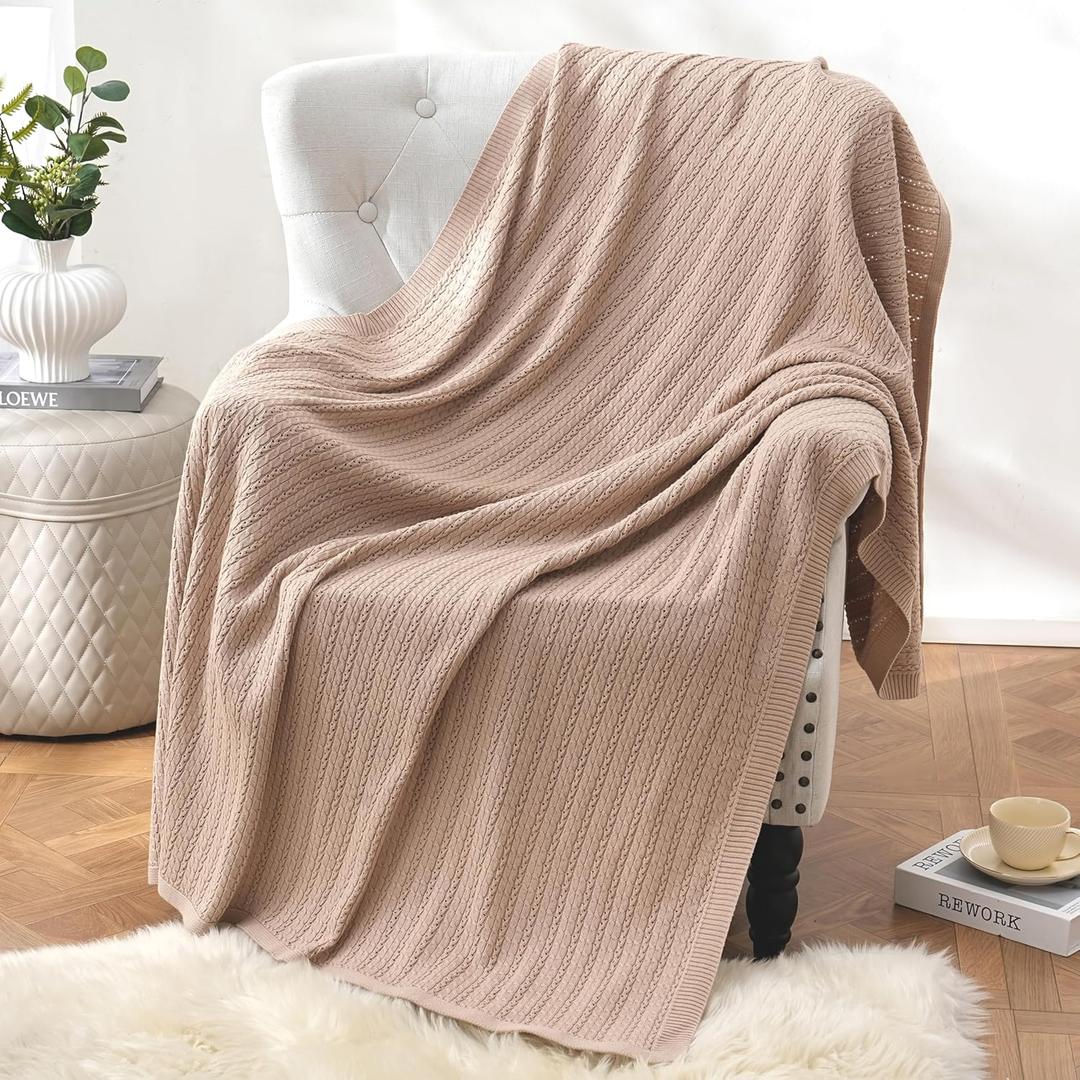 100% Cotton Throw Blanket for Couch Soft 5060 Cream Throw Blanket for Bed Sofa Blanket (Khaki)
