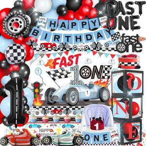 Fast One Race Car Birthday Decorations for Boys - 1st Birthday Set With Photo Banner and Balloon Box