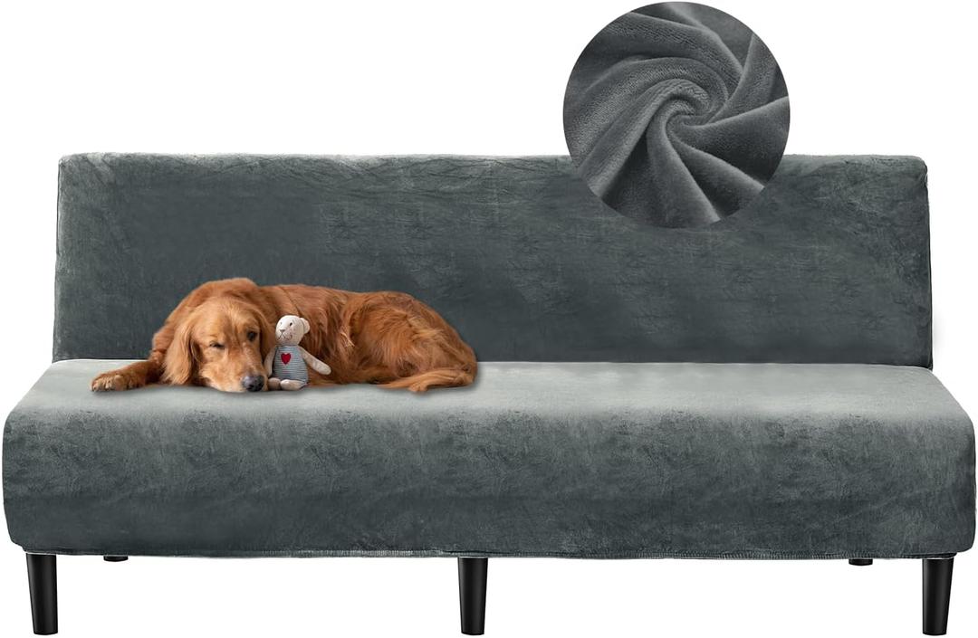 Armless Futon Cover Velvet Futon Slipcover Soft Stretch Couch Covers with No Arm Sofa Bed Cover with Non-Slip Thick Plush Furniture Protector Washable Couch Slipcovers for Living Room(Dark Grey)