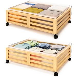 Under Bed Storage with Wheels-Large Bamboo Underbed storage Containers with Large Dust Bag Stackable Under the Bed Shoe Storage Bins for Clothes Books Bedding (2 Packs Nature, 23.62"L×16.54"W× 6.51"H)