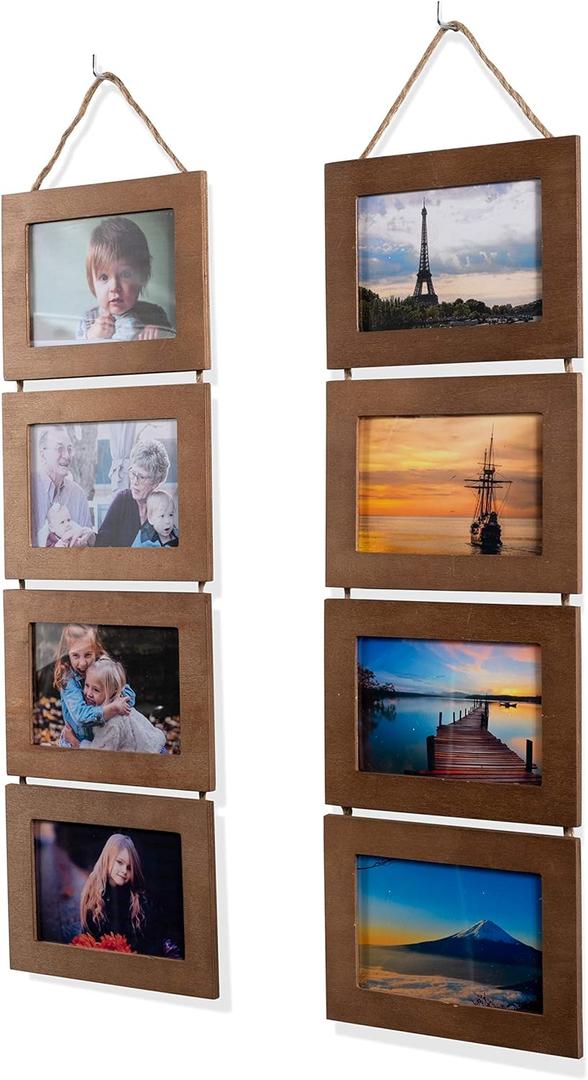 Wallniture Aries Vertical Wall Decor Picture Frames 4x6 Inch, 8 Opening Photo Collage Set of 2 (Walnut)