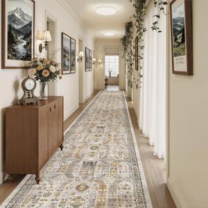 Hallway Runner Rug 3x20 Washable Kitchen Runners 20ft, Brown/Gold