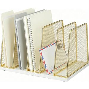 AUPSEN 5-Section Gold File Organizer for Desk, Wood Mesh Desktop File Organizer, File Sorter Storage Rack, Vertical Folder Holder for Files, Magazines, Books (Gold)