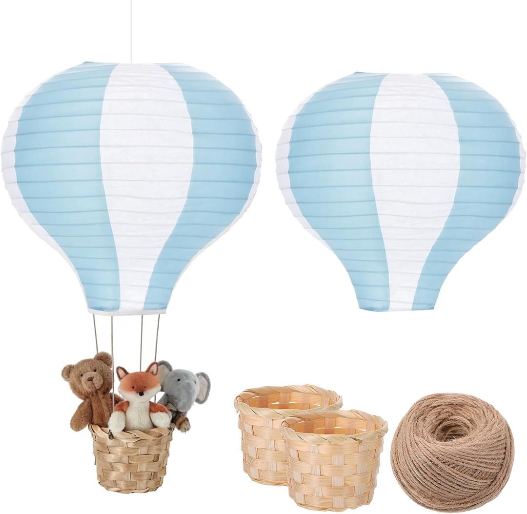 Meooeck 2 Pcs Hanging Hot Air Balloon Decorations Paper Lanterns 12 Inch Reusable Hot Air Balloon Decor Paper Lanterns Set for DIY Craft Wedding Birthday Christmas Home Living Room (Blue White)