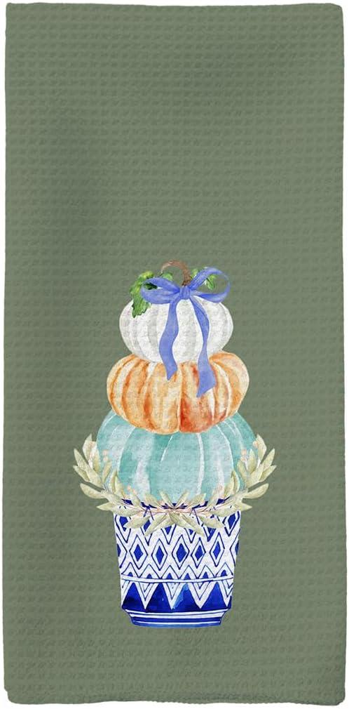 Fall Kitchen Towels, Chinoiserie Pumpkin Decorative Fall Hand Towels, Bowknot Coquette Dish Towel Dishcloths Tea Towel for Kitchen Decor, Farmhouse FallKitchen Bathroom Decor, Green 16x24in