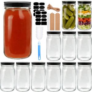 QAPPDA 32 OZ Glass Jars with Lids Set of 12,Clear Wide Mouth 1000ML Glass Mason Jar with Airtight Lid,Durable Glass Food Storage Canning Jars for Pickles,Jams,Preserving