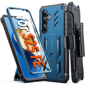 FNTCASE for Samsung Galaxy S25-FE Case: Military Grade Rugged Cell Phone Cover with Kickstand & Holster | Shockproof TPU Protection Bumper Matte Textured Design for Galaxy S25 FE Cases 6.7inch - Blue
