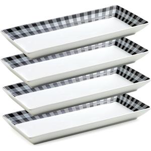 LAUCHUH Dinner Plates, 14 inch Porcelain Checkered Serving Platters Black and White Rectangular Plates Serving Trays for Food Set of 4 for Halloween, Party, Cheese, Cakes, Cookies, Fruit, Vegetables