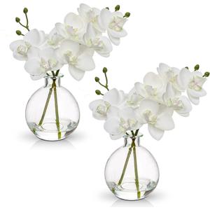 Oairse White Orchids Artificial Flowers Faux Orchid Arrangement with Clear Glass Vase Set of 2 Real Touch Phalaenopsis Orchid Flowers Orchid Centerpiece for Dining Room Table