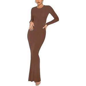 REORIA Women's Sexy Crew Neck Lounge Long Dress Elegant Long Sleeve Ribbed Bodycon Maxi Dresses XS