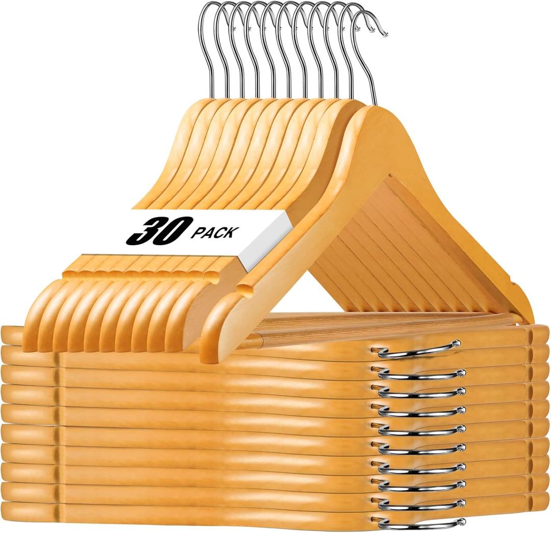 HOUSE DAY Wooden Hangers 30 Pack, Solid Wood Clothes Hangers with Non Slip Pant Bar, Heavy Duty Wooden Coat Hanger for Closet, Smooth Finish Wood Hangers for Shirts, Suits Jackets, Dress, Natural