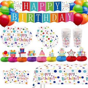 127Pcs Happy Birthday Party Supplies Decorations Set - Dot Design Disposable Tableware Kit with Plates, Napkins, Cups, Tablecloth, Banner, Balloons & Honeycomb Centerpieces for Boys Girls, Serves 24