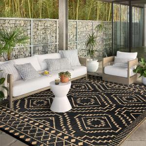 Wonnitar 8x10 Outdoor Rug, Large Waterproof Reversible Outdoor Patio Area Rug, Indoor/Outdoor Plastic Straw Portable Camping Rug for Outside RV Balcony Garden Deck (Black & Brown,8'x10')