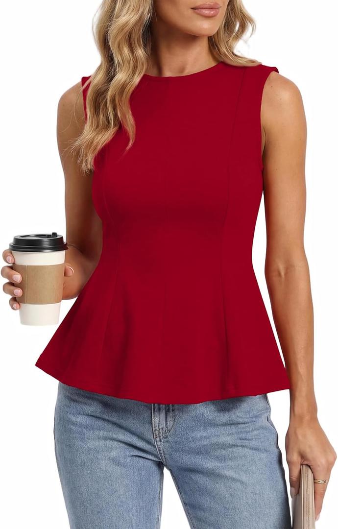 BTFBM Womens Summer Tops 2026 Business Casual Outfits Crew Neck Sleeveless Shirts Slim Fit Peplum Tank Top (Red, M)