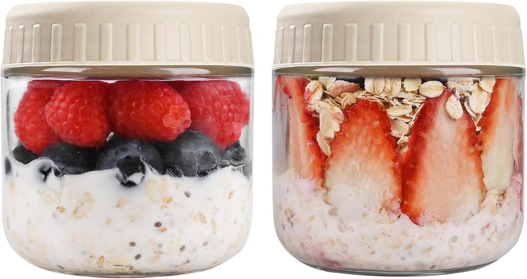 Overnight Oats Containers with Lids, 10oz Glass Jars with Lids 2 pcs, Apricot, Wide Mouth Mason jars for Salad, Yogurt, Snacks, Meal Prep (Camel)