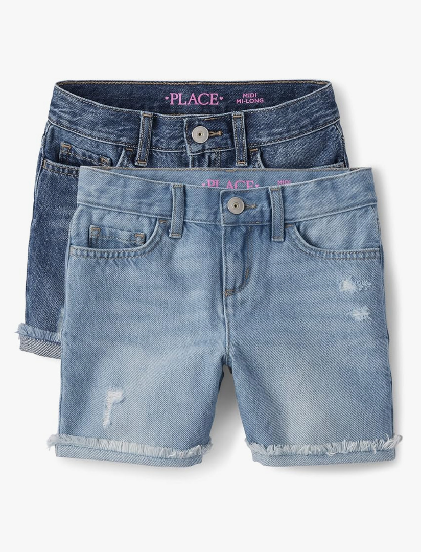 The Children's Place Girls' Distressed 2 pack Denim Midi Shorts, Size:M