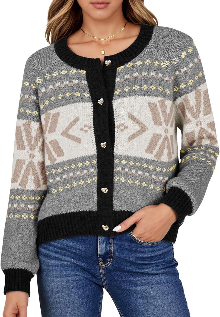 Saodimallsu Womens Button Up Cardigan Sweaters Crew Neck Vintage Fair Isle Long Sleeve Warm Knit Christmas Sweater Coats (Small, Beige)