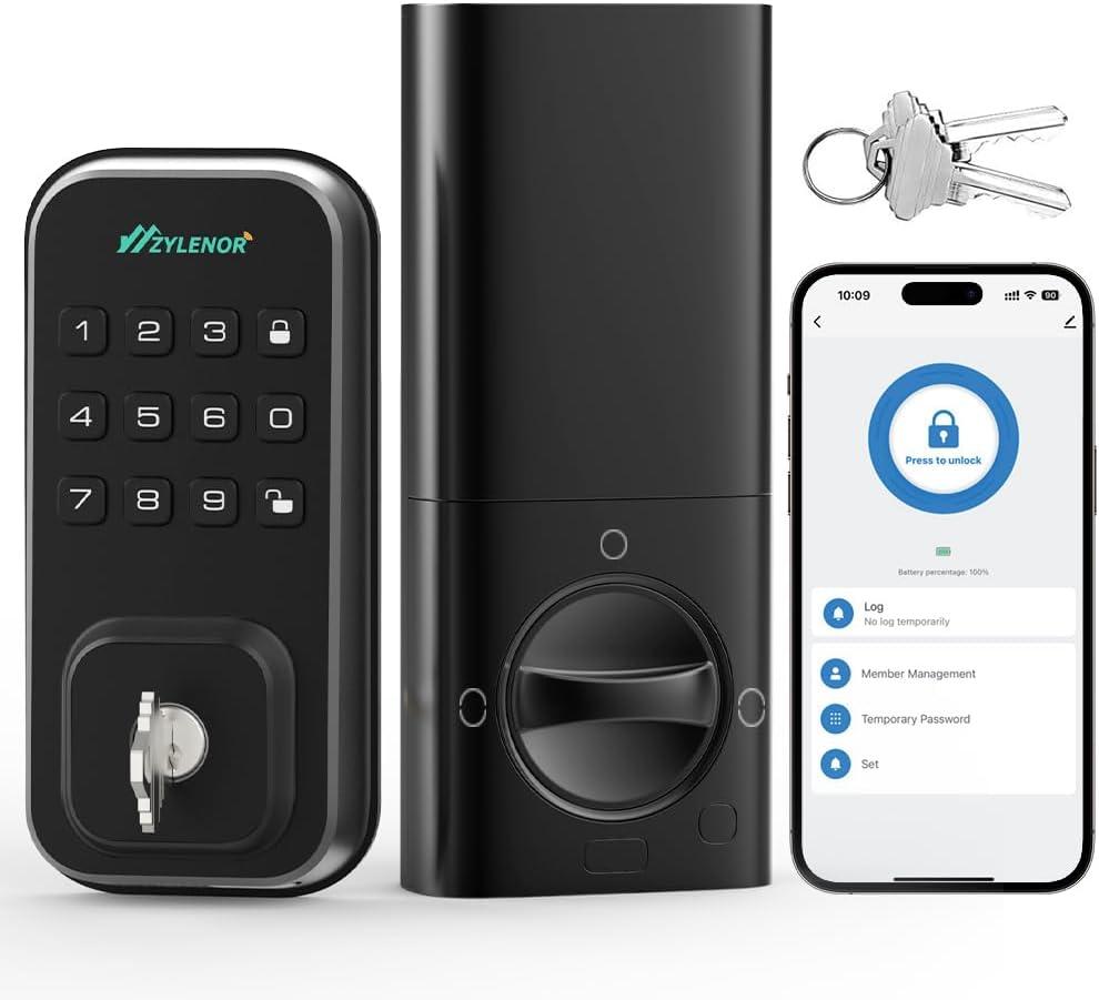 Zylenor Keyless Entry Door Lock, Smart Lock for Front Door with Digital Keypad, Built-in WiFi Deadbolt, App Remote Control with Easy Installation, Upgraded Battery Life