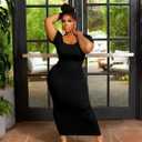 Mrskoala Women Plus Size Bodycon Maxi Dress Stretchy Knit Curve Hugging Short Sleeve Long Dresses Black, 3XL