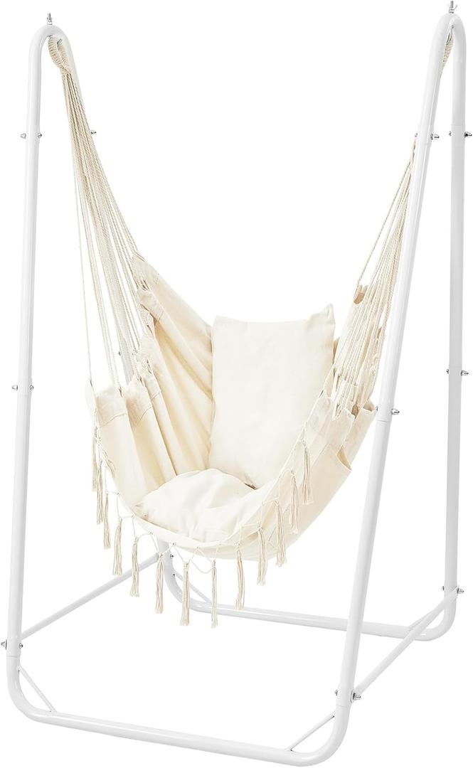 Hammock Chair with Stand, Heavy-Duty Steel Hammock Stand for Indoor & Outdoor Use, Solid Support & Stable Base, 220 lbs Capacity, U-Shaped Design, Easy Assembly, Hammock Chair Included - White