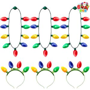 JOYIN 6 Pcs Christmas Light Up Headband and Necklace with 6 Flashing Modes, LED Christmas Bulb Lights Necklace Headband for Women Men Xmas Party Supplies Accessories