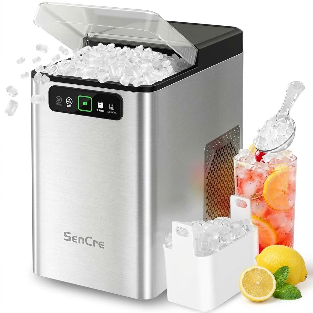 SenCre Nugget Ice Maker Countertop 40Lbs/ 24H Soft Chewable Ice Machine Pellet Crushed Ice Makers, One-Click Operation Auto Self-Cleaning Stainless Steel with Scoop for Home Kitchen Office, Silver