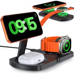 EGV Wireless Charger for iPhone, 3-in-1 Magnetic Charging Station for Apple, MagSafe Charger Stand for iPhone 17 Air 16 15 14 13 12 Series, Airpods Pro, Apple Watch Ultra, Foldable, No Adapter, Black