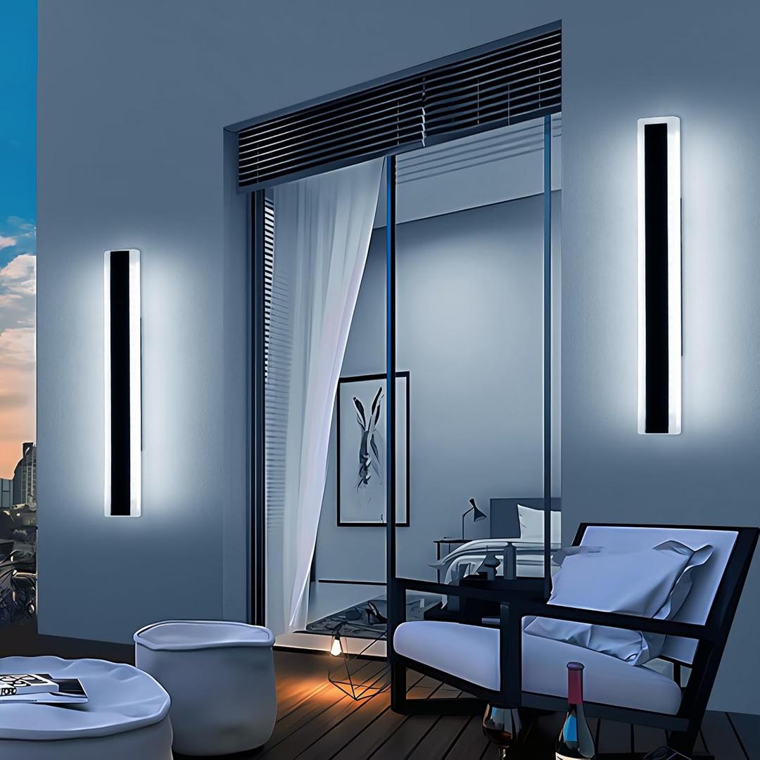 2 Pack 23.6inch Modern Outdoor Light Fixture, 3000K-6000K Dimmable Wall Sconce, IP65 Waterproof Linear Exterior LED Lights with Remote Control, Black Aluminium for Porch, Patio, Garage